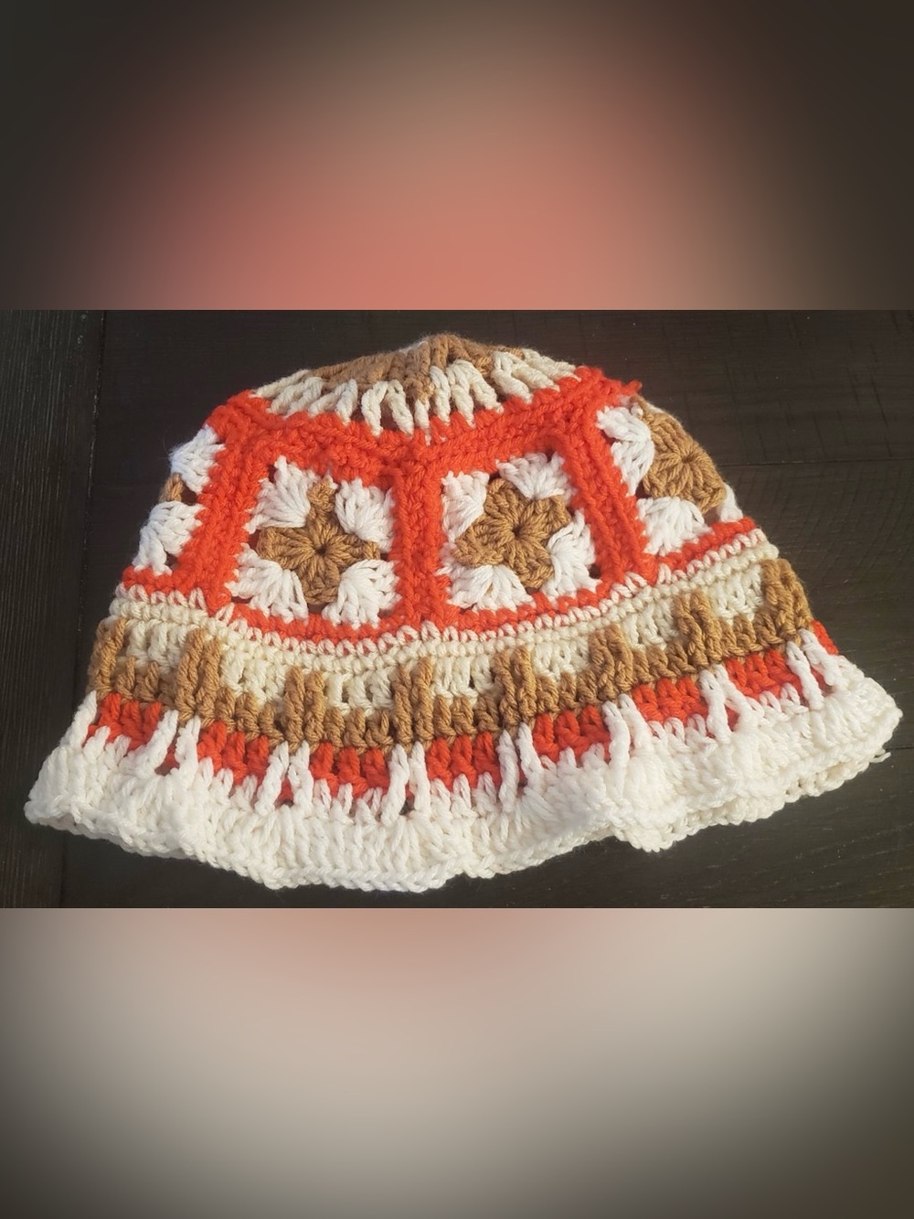 Handmade Crocheted Granny Square Bucket Hat in Orange, White & Tan - Picture 1 of 2